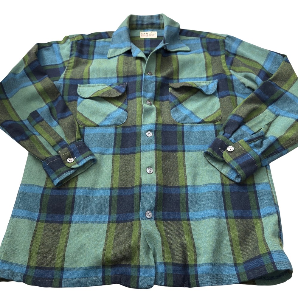 Vintage 70s Cranbrook Plaid Flannel Shirt Mens Med Blue Green Wool Blend Japan
